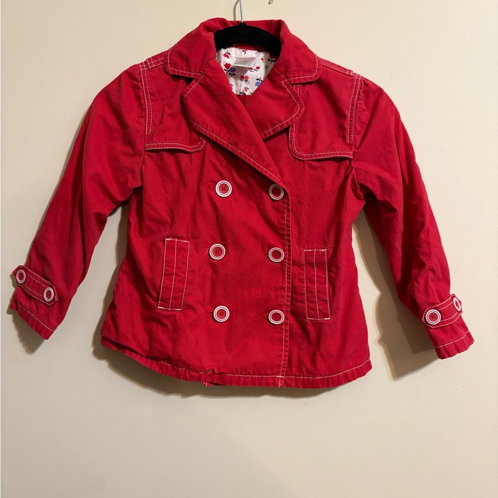Gymboree girls red double-breasted cotton trench coat size 7 Red w/White stitch